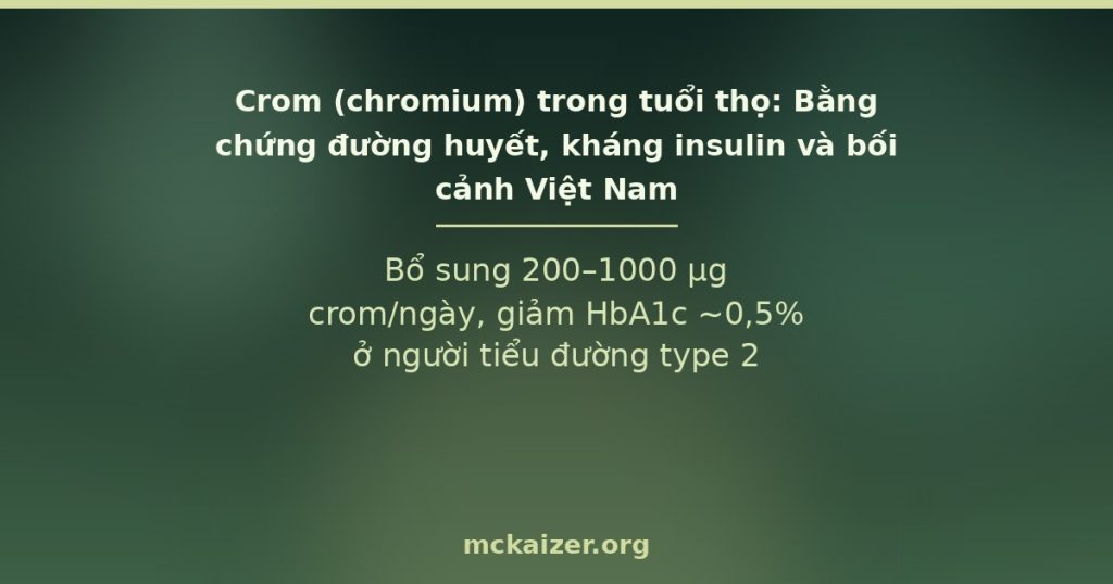 Bổ sung 200–1000 µg crom/ngày, giảm HbA1c ~0,5% ở người tiểu đường type 2
