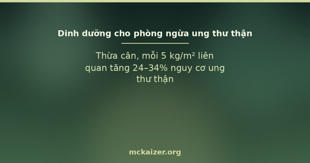 Thừa cân, mỗi 5 kg/m² liên quan tăng 24–34% nguy cơ ung thư thận