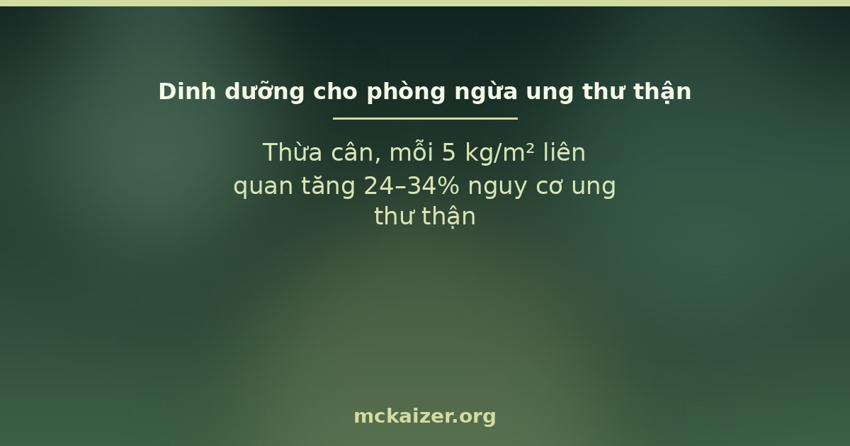 Thừa cân, mỗi 5 kg/m² liên quan tăng 24–34% nguy cơ ung thư thận